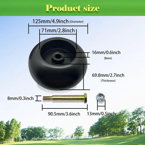 Heavy Duty Deck Rollers With Solid Shoulder Bolts And Lock Nuts For Zero Turn Mowers And Riding Tractors Ultra Smooth Gliding Wheel Repair Kit dimensions image showing parts and sizes.