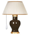 White Wooden Ceiling Fan Chain Pulls Extension 2 Pack for Ceiling Lights and Fans shown on a dark ceramic table lamp with pleated shade.