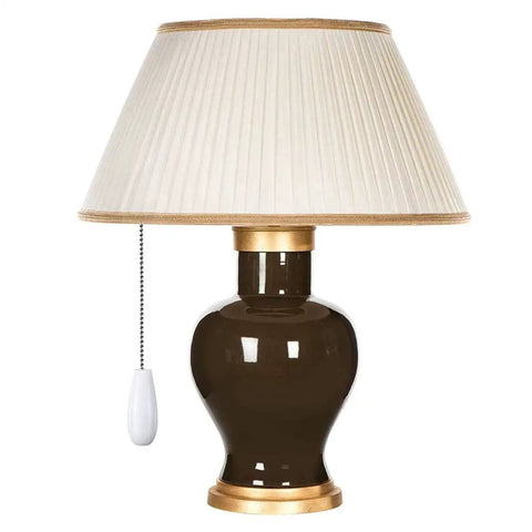 White Wooden Ceiling Fan Chain Pulls Extension 2 Pack for Ceiling Lights and Fans shown on a dark ceramic table lamp with pleated shade.