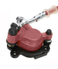 Red mini bike hydraulic disc brake caliper assembly with hose and mounting plate