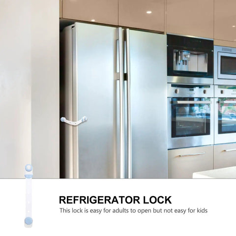 3 Pack Cabinet Locks Safety Latch for Fridge shown on stainless steel refrigerator, no punch design, easy install, white PP material