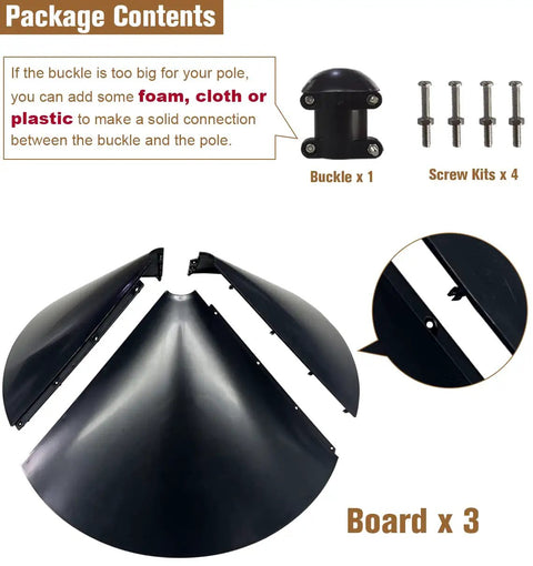 Package contents for Heavy Duty Squirrel Proof Bird Feeder Baffle 19 Inch Diameter Pole Mount Shield with screws and buckle.