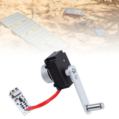 Emergency Hand Crank Power Generator Charger For Outdoors Portable Self Powered USB Phone Charger For Camping No Batteries Needed No Outlets Required Ready Backup Power When You Need It Most Compact Survival Charging Kit with USB port and red wires.