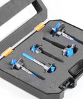 Floweringbeter hinge boring bit set with blue carbide bits in a black carrying case