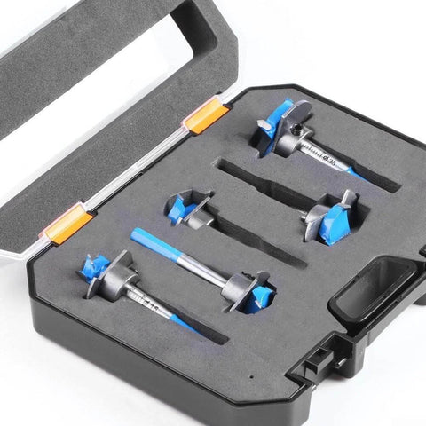 Floweringbeter hinge boring bit set with blue carbide bits in a black carrying case