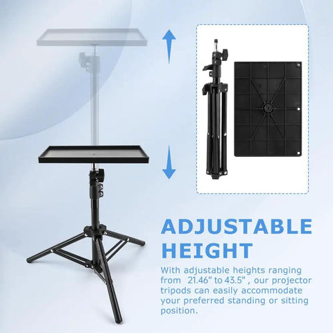 Rugged Heavy Duty Projector Stand Tripod With Adjustable 21 To 44 Inch Pole And 9.8 By 7 Inch Tray, showing adjustable height.