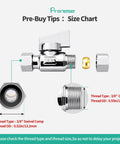 Heavy Duty Solid Brass Quarter Turn Angle Stop Valve 2 Pack 3/8 Inch Fip To 3/8 Compression Chrome Plated with size chart.
