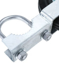 Close-up of hot galvanized metal bracket from Built Tough Heavy Duty 6 Inch Gate Wheels for Metal Tube Gates 2 Pack.