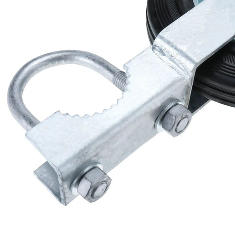 Close-up of hot galvanized metal bracket from Built Tough Heavy Duty 6 Inch Gate Wheels for Metal Tube Gates 2 Pack.
