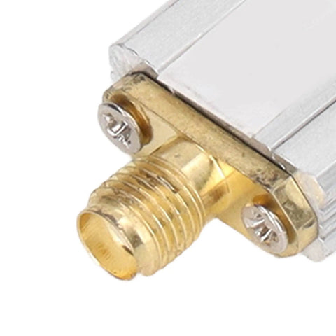 Close-up of 915MHz Bandpass Receiver Filter With SMA Interface, 26MHz Bandwidth, metallic SMA connector and screws visible.