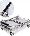 Heavy Duty Steel Platform Truck Cart With 5 Inch Wheels Foldable Flatbed Dolly showing reinforced handle and smooth rolling wheels.