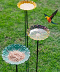 Flower Bird Bath With Metal Stake Set Of Four For Outdoor Gardens A Charming Yard Decor For Bird Lovers Each Bath Measures 7.1 Inches In Diameter And 1.3 Inches Deep With Easy To Install Stakes