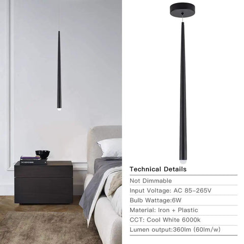 Modern LED Pendant Light With Adjustable Length For Kitchen Island And Dining Room Black Ceiling Fixture Integrated LED 6000K Cool White Non Dimmable Long Bar Pendant Lamp in bedroom setting with detailed specs.
