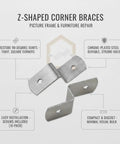 10-Pack Z Shaped Corner Braces for Picture Frames and Furniture, Chrome Plated Steel Right Angle Connectors displayed on info card