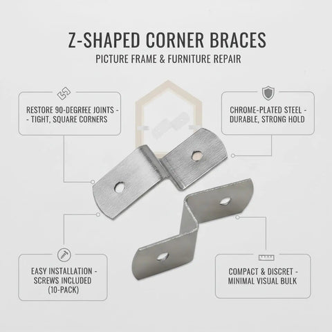 10-Pack Z Shaped Corner Braces for Picture Frames and Furniture, Chrome Plated Steel Right Angle Connectors displayed on info card