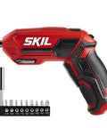 Pivot Grip 4V Rechargeable Cordless Screwdriver With 9 Bits, Bit Holder, And USB Charger For Quick DIY Fixes, Handy One-Handed Control And Reliable, Low-Weight Power Tool You Can Count On - red and black design, side view.