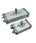 Compact Pneumatic Rotary Actuator Featuring Rock Solid Precision Rack And Pinion Design For Slick Heavy Duty Automation And No Nonsense Cylinder Operation, front view of two sizes.
