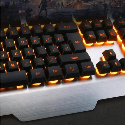 Straight Up Solid Wired Keyboard And Mouse Combo Featuring Backlit Retro Keycaps And Hella Responsive Floating Switches Delivers Mechanical Style USB PC Laptop Setup Built For Gaming Or Daily Tasks with illuminated keys and sleek metal panel.