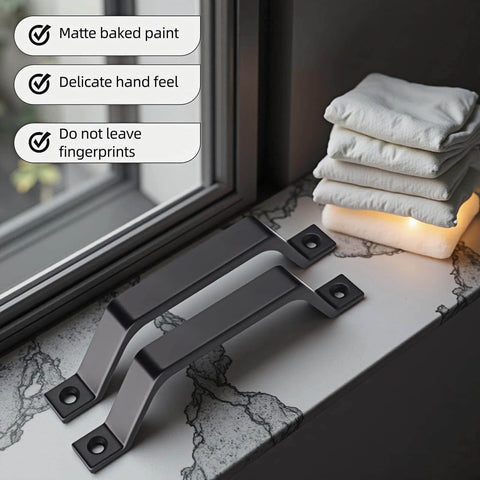 Two 6.1 Inch Matte Black Sliding Barn Door Handle Pulls on marble surface, heavy-duty zinc alloy, for cabinet or closet, rustproof.