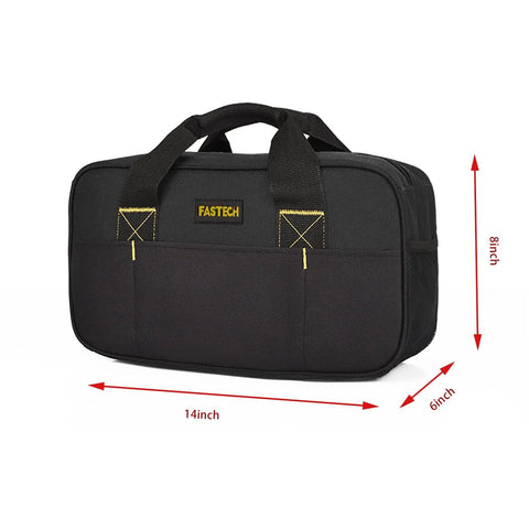 14 Inch Wide Mouth Tool Tote Bag For Electricians And Pros, Waterproof Tool Organizer, Durable 600D Oxford, Black with dimensions 14x8x6 inches.