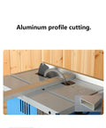 Hustle Ready 8 Inch Mini Table Saw Benchtop Miter Cutter designed for precise aluminum profile cutting with a sturdy surface.