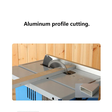 Hustle Ready 8 Inch Mini Table Saw Benchtop Miter Cutter designed for precise aluminum profile cutting with a sturdy surface.