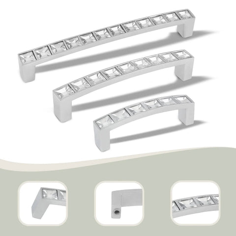 Crystal Drawer Pulls 10 Pack Modern Bridge Design Rhinestone Handles, silver finish, 96mm hole centers, zinc alloy, set of four.