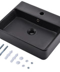 Black Ceramic Rectangular Wall Mount Sink 21 By 17 Inches Vessel Style Bathroom Vanity With Sleek Modern Floating Or Countertop Lavatory Wall Mounted Or Above Counter Install Crystal Glaze Finish with mounting hardware.