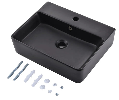 Black Ceramic Rectangular Wall Mount Sink 21 By 17 Inches Vessel Style Bathroom Vanity With Sleek Modern Floating Or Countertop Lavatory Wall Mounted Or Above Counter Install Crystal Glaze Finish with mounting hardware.