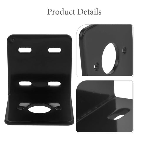 L-shaped motor mount bracket, black metal for 775 motors; four slotted mounting holes (front view).