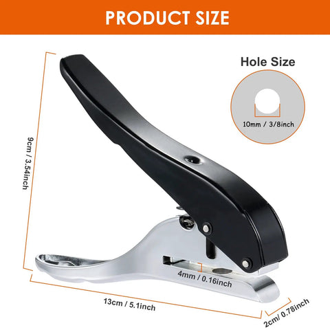 Pro Grade Heavy Duty Single Hole Puncher for Paper Cardboard and PVC, showing product size and 10mm hole details