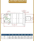 Dimensions diagram of Heavy Duty Hydraulic Oil Motor With Four Hole Mount BM5 Series showing measurements and displacement details.