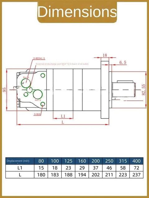 Dimensions diagram of Heavy Duty Hydraulic Oil Motor With Four Hole Mount BM5 Series showing measurements and displacement details.