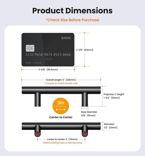 Snag This Set Of Sharp Matte Black Cabinet Handles 30 Pack Heavy Duty Stainless Steel Bar Pulls For Kitchen Drawers And Bathroom Vanity Doors Featuring 5 Inch Span And 3 Inch Hole Spacing Pro Level Upgrade dimensions on a diagram