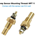 Front view of two brass water temperature sensor senders with threaded fittings for automotive use.