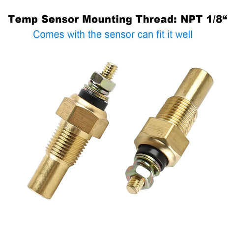 Front view of two brass water temperature sensor senders with threaded fittings for automotive use.