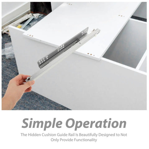 Whisper Quiet Drawer Slides For Cabinets And Drawers, beefy cold rolled steel, full extension, held by a person near cabinet