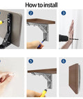 Installation steps for Four Pack Triangle Folding Brackets Built Tough Floating Shelf Support For Wall Mounted Benches And Tables Ideal Space Saving Hardware For Tools White 10 Inch.