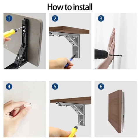 Installation steps for Four Pack Triangle Folding Brackets Built Tough Floating Shelf Support For Wall Mounted Benches And Tables Ideal Space Saving Hardware For Tools White 10 Inch.
