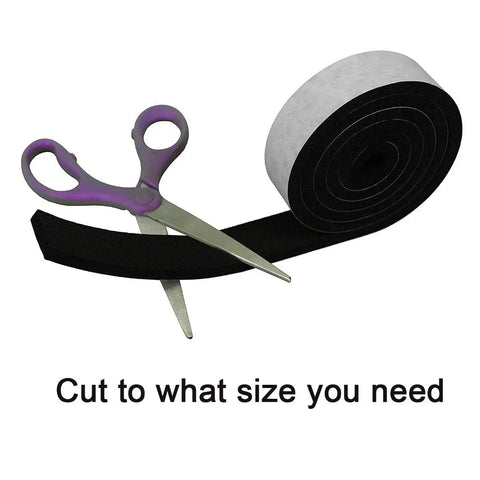 Rock Solid CR Neoprene High Density Foam Tape Weather Stripping Seal 1/2 Inch Wide X 1/2 Inch Thick X 6.5 Feet Long on a roll with scissors.