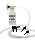 One-man brake bleeder kit with small white bottle, clear tubing, black fittings and nozzle for brake bleeding.