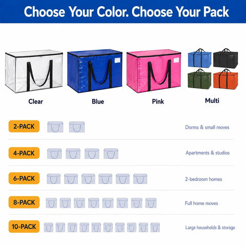 Beefy Heavy Duty Moving Bags Set With Backpack Straps And Sturdy Zippers in Clear, Blue, Pink, Multi Colors, 2 to 10-Pack Options