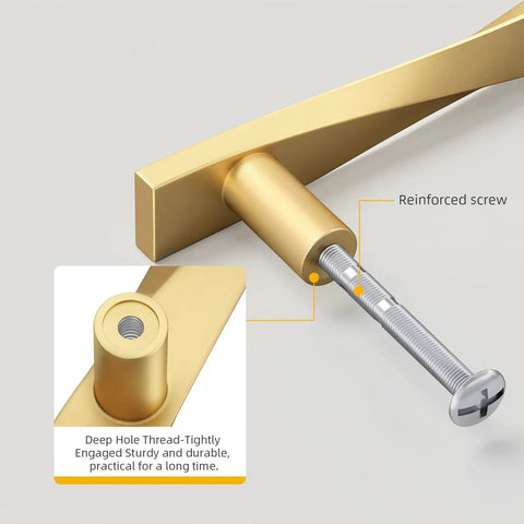 Close-up of Premium Brushed Gold Cabinet Pulls 3 Inch Hole Center Heavy Duty Zinc Alloy showing reinforced screw detail.
