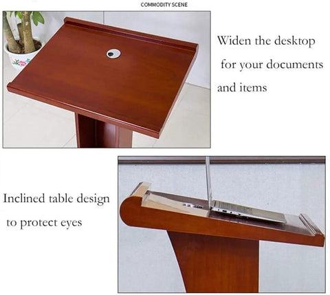 Heavy Duty Solid Wood Lecture Podium And Mobile Stand With Hella Roomy Workspace showing wide desktop and angled design for comfort.