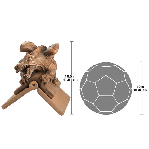 Winged Dragon Roof Cresting Sculpture In Terra Cotta, Hand Cast Stone Resin Ornament, dimensions shown, adds curb appeal
