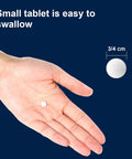 Hand holding a small 3/4 cm tablet, labeled 'small tablet is easy to swallow.' For Monolith Lithium Orotate Nootropic Supplement For Mood, Neural Health And Cognition 135 Mg Per Tablet, 100 Tablets Gluten Free Non-GMO Made In USA Brain Boost For Focus And Calm.