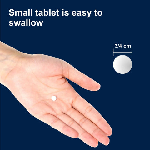 Hand holding a small 3/4 cm tablet, labeled 'small tablet is easy to swallow.' For Monolith Lithium Orotate Nootropic Supplement For Mood, Neural Health And Cognition 135 Mg Per Tablet, 100 Tablets Gluten Free Non-GMO Made In USA Brain Boost For Focus And Calm.