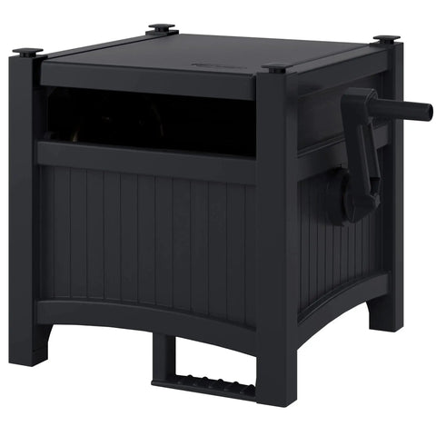Black Hideaway Hose Reel With 100 Ft Capacity For Five Eighth Inch Vinyl Hose Durable Resin Build, no assembly needed, compact design.