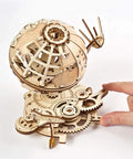 Three Dimensional Wooden Globe Puzzle Kit For Adults, Mechanical World Model, Brain Teaser And Educational Globe Build Set, DIY Wooden Globe Craft Hobby For Adults To Build And Show Off. Wooden globe model with gears and hand-crank base