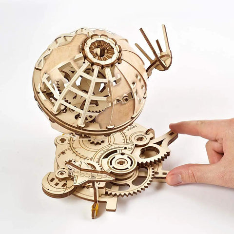 Three Dimensional Wooden Globe Puzzle Kit For Adults, Mechanical World Model, Brain Teaser And Educational Globe Build Set, DIY Wooden Globe Craft Hobby For Adults To Build And Show Off. Wooden globe model with gears and hand-crank base